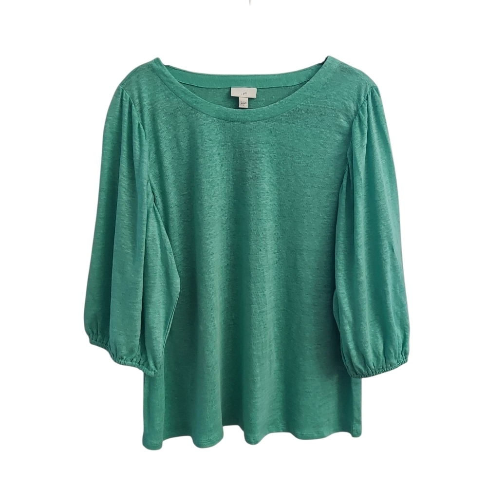 NEW J JILL Ocean Green Linen Pullover Bubble Sleeve sz L Top